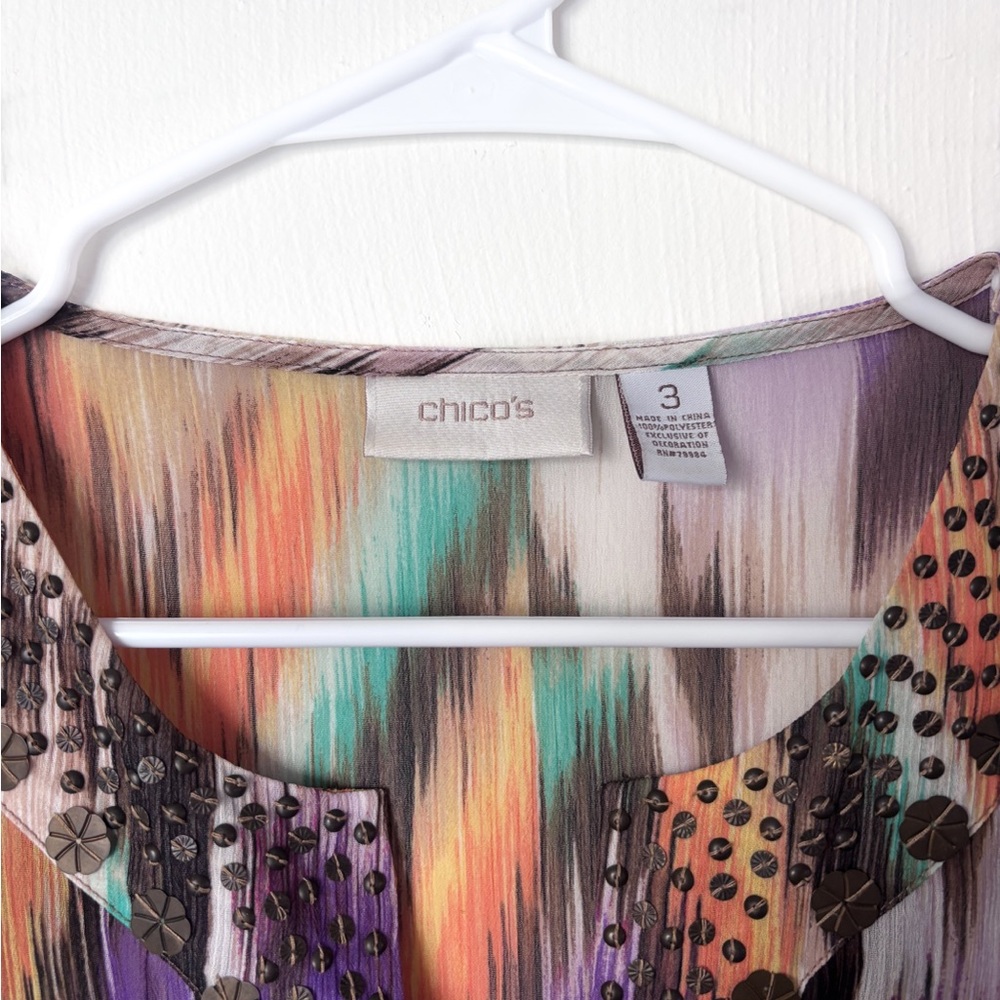 Chico’s Size 3 Multi Color Sheer Artsy Blouse 3/4 Sleeve Chico's Size XL - Picture 3 of 5